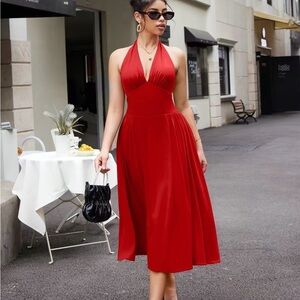 Chic Red Halter Midi Dress